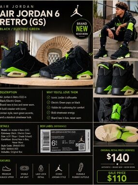 Jordan Air Jordan 6 Retro GS Black with Electric Green Accents